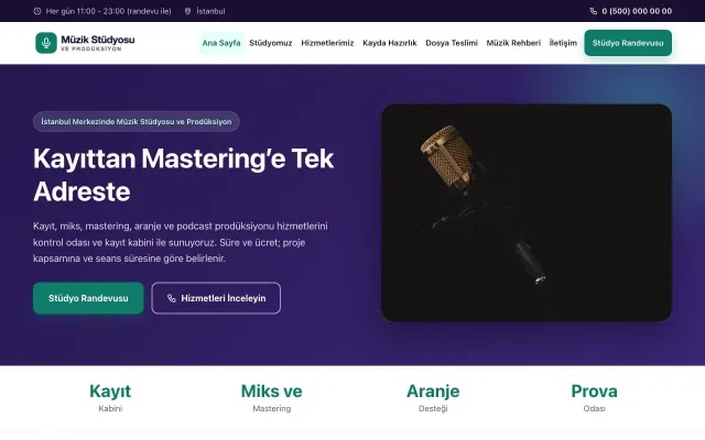 Müzik Stüdyosu ve Prodüksiyon için Klasik Mor Turkuaz – Müzik Stüdyosu ve Prodüksiyon Web Sitesi ana sayfa görünümü