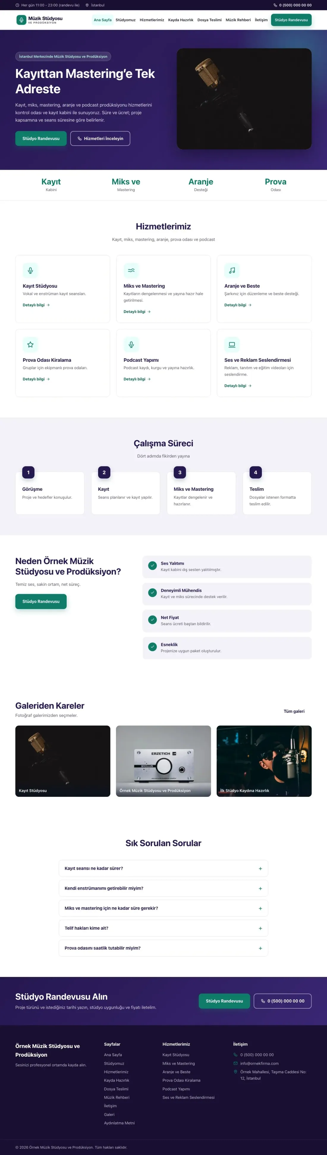 Müzik Stüdyosu ve Prodüksiyon için Klasik Mor Turkuaz – Müzik Stüdyosu ve Prodüksiyon Web Sitesi ana sayfa görünümü