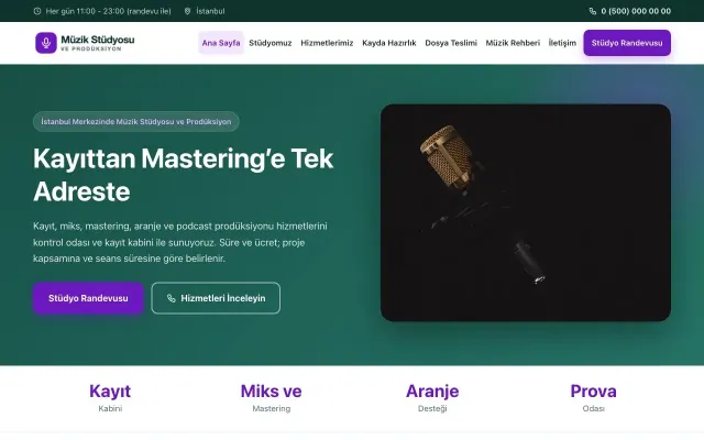 Müzik Stüdyosu ve Prodüksiyon için Klasik Petrol Mor – Müzik Stüdyosu ve Prodüksiyon Web Sitesi ana sayfa görünümü