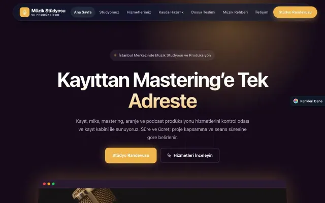 Müzik Stüdyosu ve Prodüksiyon için Koyu Modern Mor Turuncu – Müzik Stüdyosu ve Prodüksiyon Web Sitesi ana sayfa görünümü