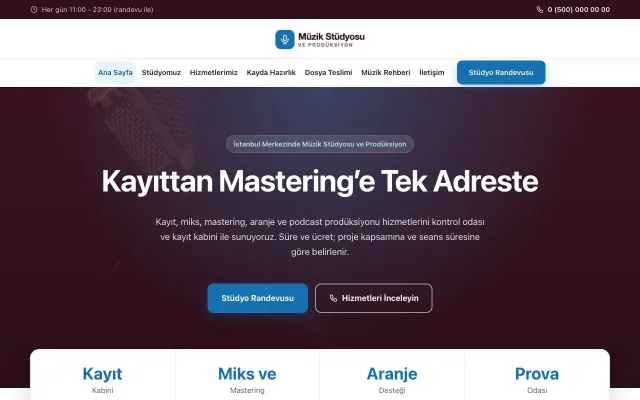 Müzik Stüdyosu ve Prodüksiyon için Merkez Bordo Mavi – Müzik Stüdyosu ve Prodüksiyon Web Sitesi ana sayfa görünümü