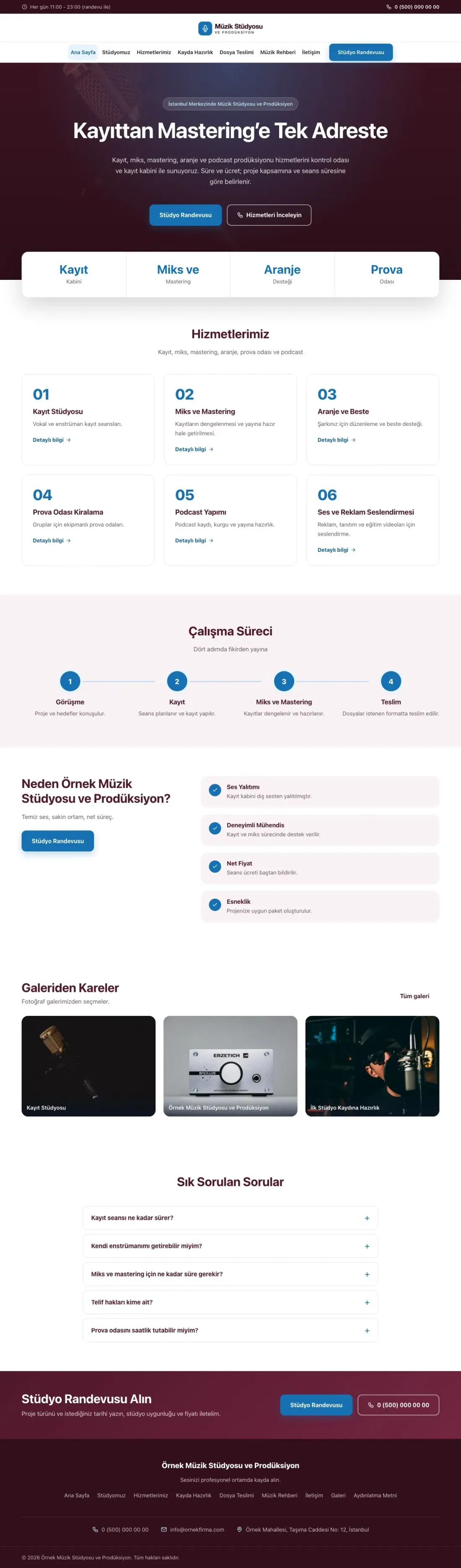 Müzik Stüdyosu ve Prodüksiyon için Merkez Bordo Mavi – Müzik Stüdyosu ve Prodüksiyon Web Sitesi ana sayfa görünümü