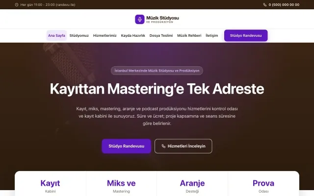 Müzik Stüdyosu ve Prodüksiyon için Merkez Kahve Mor – Müzik Stüdyosu ve Prodüksiyon Web Sitesi ana sayfa görünümü