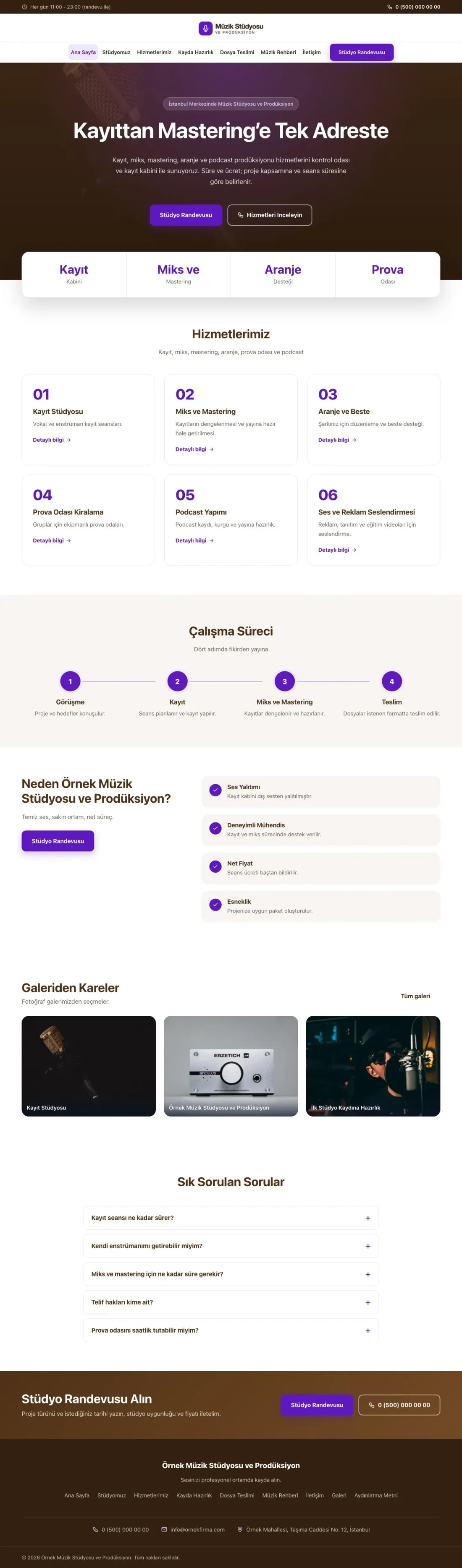 Müzik Stüdyosu ve Prodüksiyon için Merkez Kahve Mor – Müzik Stüdyosu ve Prodüksiyon Web Sitesi ana sayfa görünümü