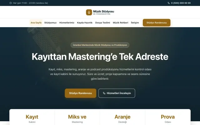 Müzik Stüdyosu ve Prodüksiyon için Merkez Mavi Turuncu – Müzik Stüdyosu ve Prodüksiyon Web Sitesi ana sayfa görünümü
