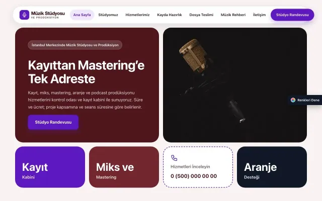 Müzik Stüdyosu ve Prodüksiyon için Mozaik Bordo Mor – Müzik Stüdyosu ve Prodüksiyon Web Sitesi ana sayfa görünümü