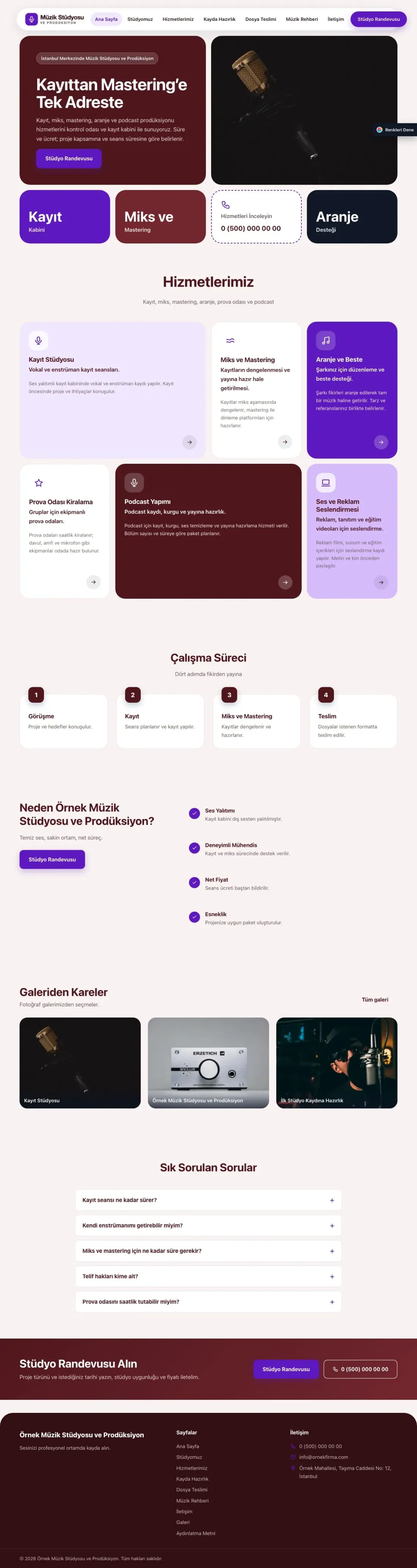 Müzik Stüdyosu ve Prodüksiyon için Mozaik Bordo Mor – Müzik Stüdyosu ve Prodüksiyon Web Sitesi ana sayfa görünümü