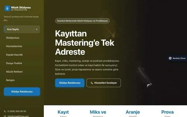 Müzik Stüdyosu ve Prodüksiyon için Sol Menü Zeytin Mavi – Müzik Stüdyosu ve Prodüksiyon Web Sitesi ana sayfa görünümü