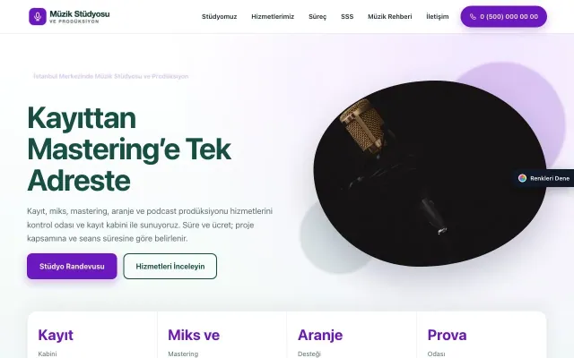 Müzik Stüdyosu ve Prodüksiyon için Tek Sayfa Petrol Mor – Müzik Stüdyosu ve Prodüksiyon Web Sitesi ana sayfa görünümü