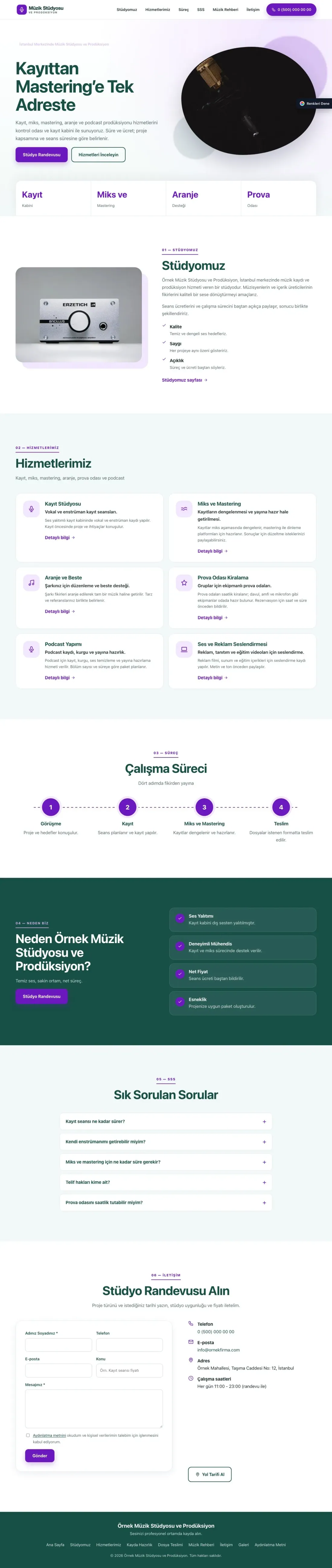 Müzik Stüdyosu ve Prodüksiyon için Tek Sayfa Petrol Mor – Müzik Stüdyosu ve Prodüksiyon Web Sitesi ana sayfa görünümü
