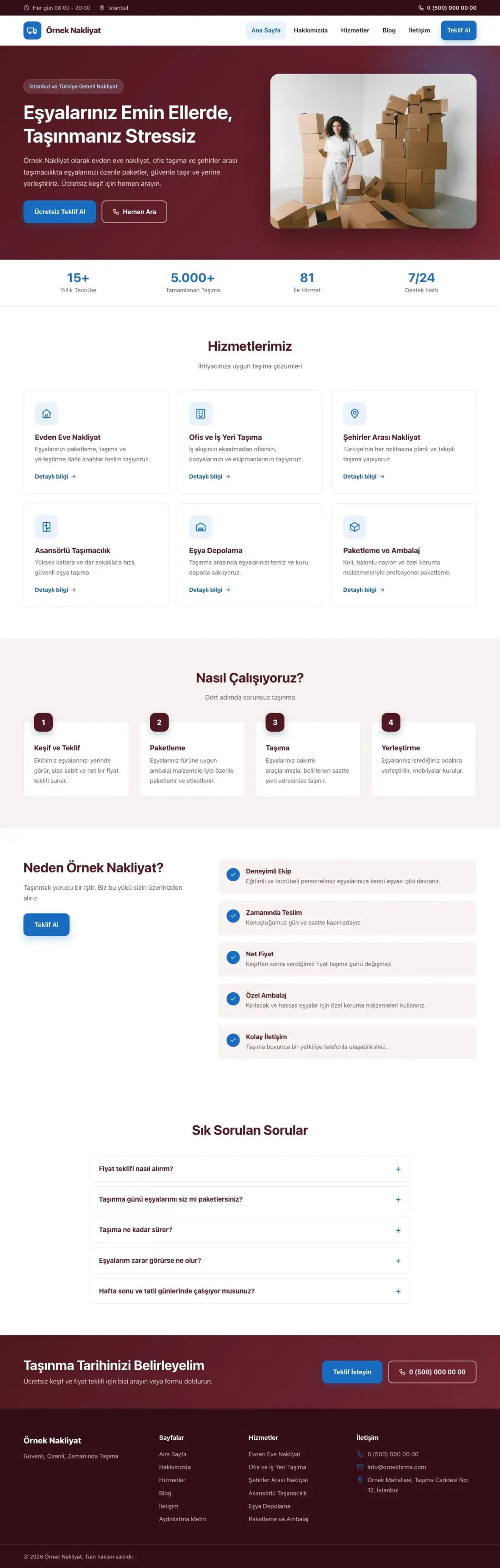 Nakliyat için Klasik Bordo Mavi – Nakliyat Web Sitesi ana sayfa görünümü
