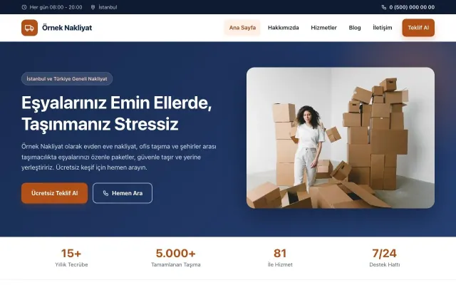 Nakliyat için Klasik Mavi Turuncu – Nakliyat Web Sitesi ana sayfa görünümü