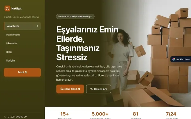 Nakliyat için Sol Menü Zeytin Turuncu – Nakliyat Web Sitesi ana sayfa görünümü