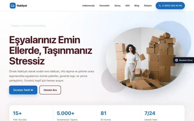 Nakliyat için Tek Sayfa Bordo Mavi – Nakliyat Web Sitesi ana sayfa görünümü
