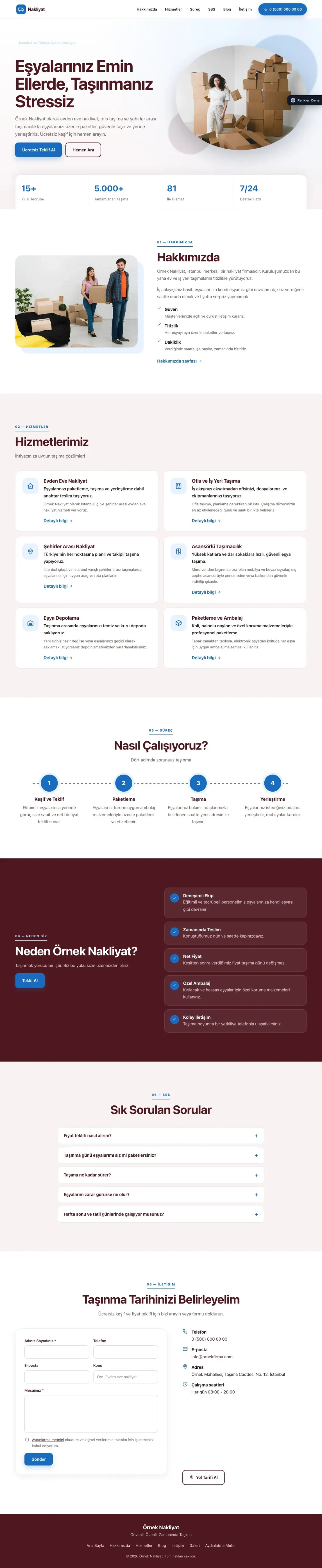 Nakliyat için Tek Sayfa Bordo Mavi – Nakliyat Web Sitesi ana sayfa görünümü