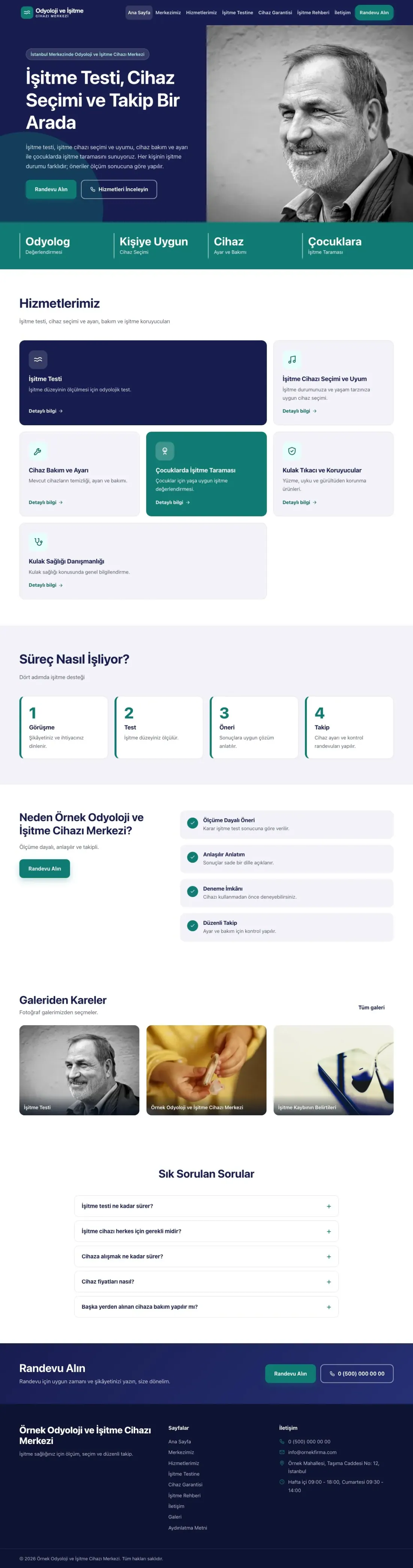 Odyoloji ve İşitme Cihazı Merkezi için Blok Lacivert Turkuaz – Odyoloji ve İşitme Cihazı Merkezi Web Sitesi ana sayfa görünümü
