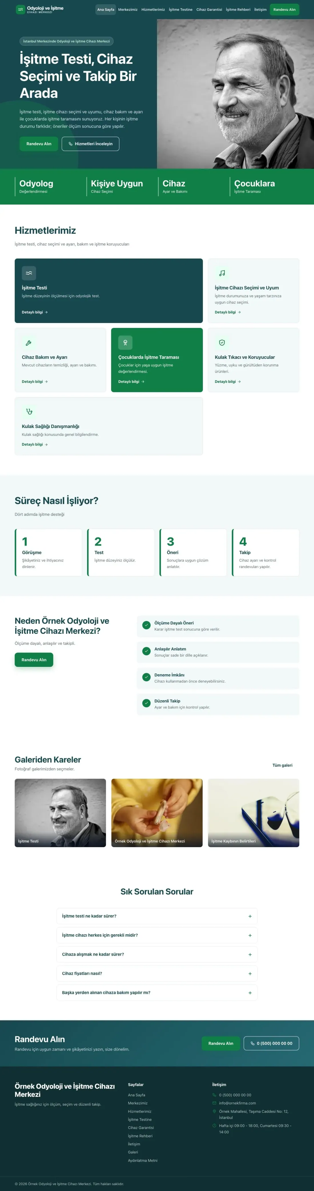 Odyoloji ve İşitme Cihazı Merkezi için Blok Petrol Yeşil – Odyoloji ve İşitme Cihazı Merkezi Web Sitesi ana sayfa görünümü