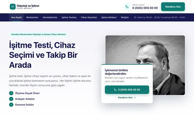 Odyoloji ve İşitme Cihazı Merkezi için Bölünmüş Lacivert Turkuaz – Odyoloji ve İşitme Cihazı Merkezi Web Sitesi ana sayfa görünümü