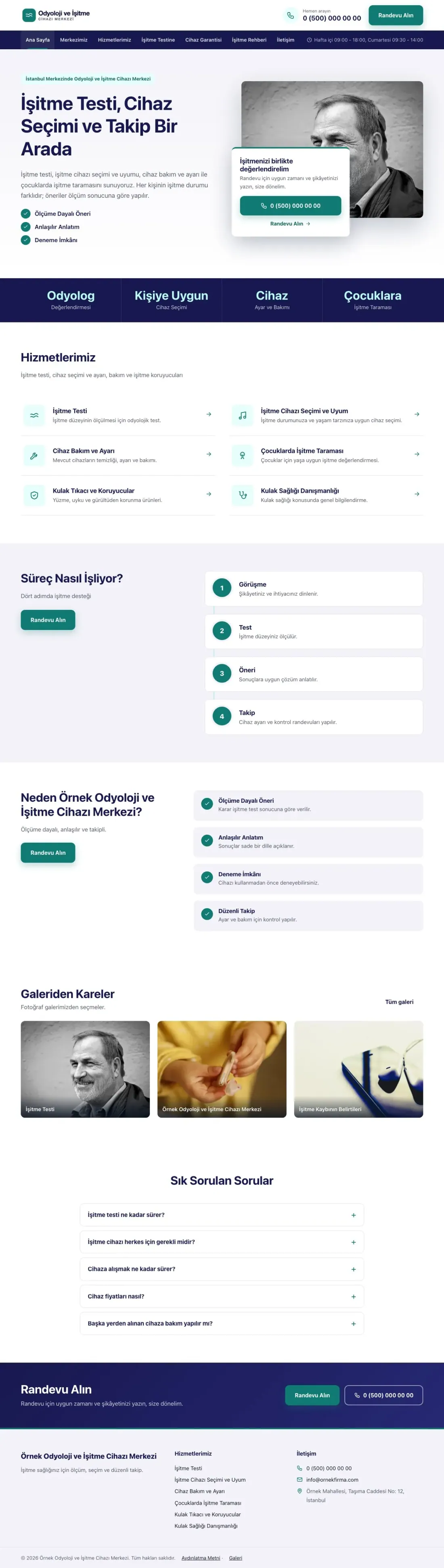 Odyoloji ve İşitme Cihazı Merkezi için Bölünmüş Lacivert Turkuaz – Odyoloji ve İşitme Cihazı Merkezi Web Sitesi ana sayfa görünümü
