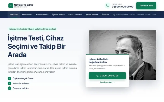 Odyoloji ve İşitme Cihazı Merkezi için Bölünmüş Mavi Turkuaz – Odyoloji ve İşitme Cihazı Merkezi Web Sitesi ana sayfa görünümü