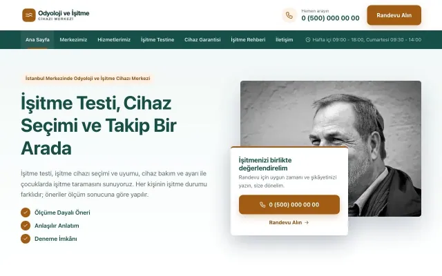 Odyoloji ve İşitme Cihazı Merkezi için Bölünmüş Petrol Turuncu – Odyoloji ve İşitme Cihazı Merkezi Web Sitesi ana sayfa görünümü