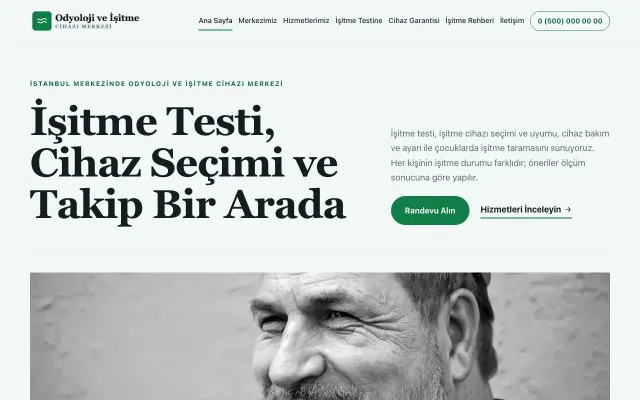 Odyoloji ve İşitme Cihazı Merkezi için Dergi Editoryal Petrol Yeşil – Odyoloji ve İşitme Cihazı Merkezi Web Sitesi ana sayfa görünümü