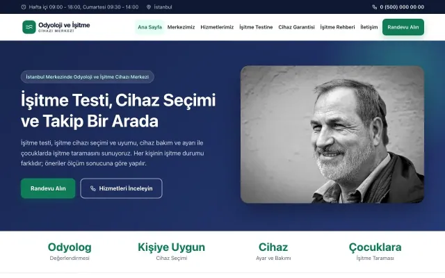 Odyoloji ve İşitme Cihazı Merkezi için Klasik Lacivert Turkuaz – Odyoloji ve İşitme Cihazı Merkezi Web Sitesi ana sayfa görünümü