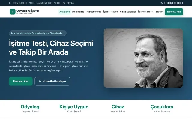 Odyoloji ve İşitme Cihazı Merkezi için Klasik Mavi Turkuaz – Odyoloji ve İşitme Cihazı Merkezi Web Sitesi ana sayfa görünümü
