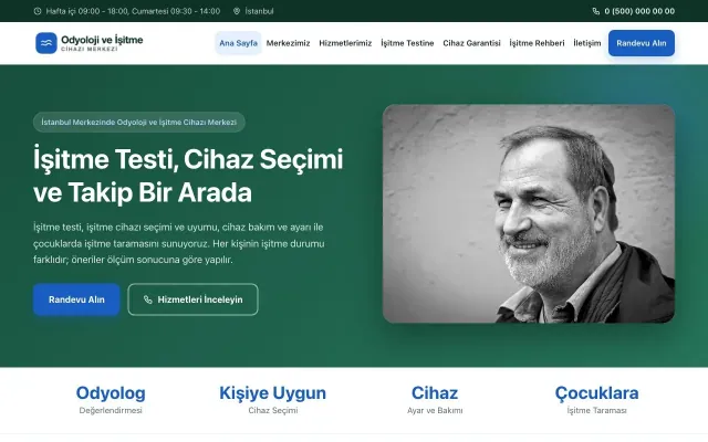 Odyoloji ve İşitme Cihazı Merkezi için Klasik Petrol Mavi – Odyoloji ve İşitme Cihazı Merkezi Web Sitesi ana sayfa görünümü