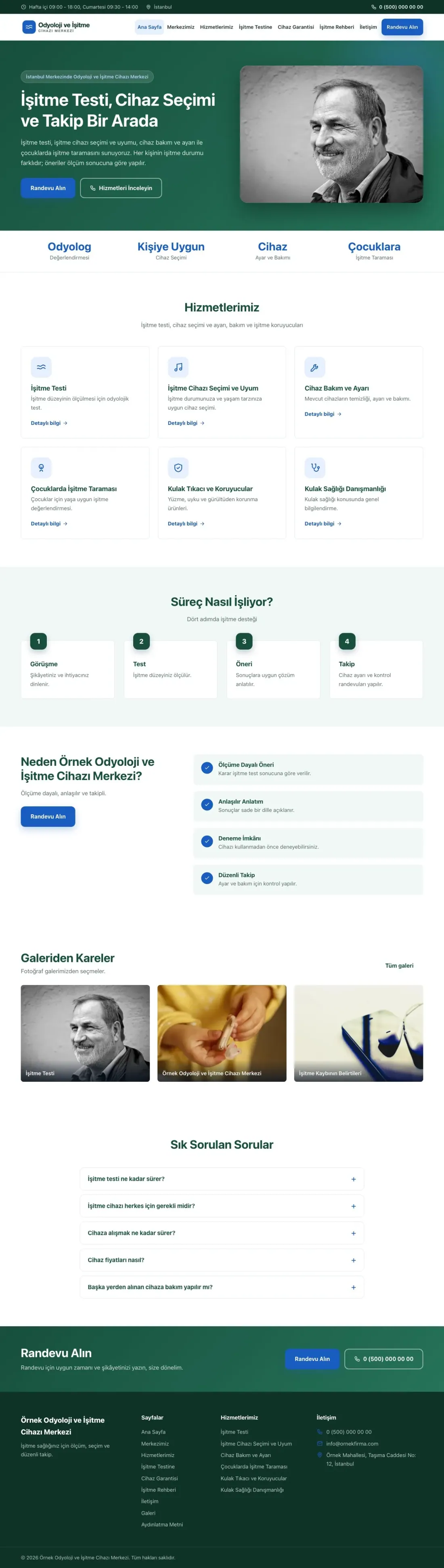 Odyoloji ve İşitme Cihazı Merkezi için Klasik Petrol Mavi – Odyoloji ve İşitme Cihazı Merkezi Web Sitesi ana sayfa görünümü