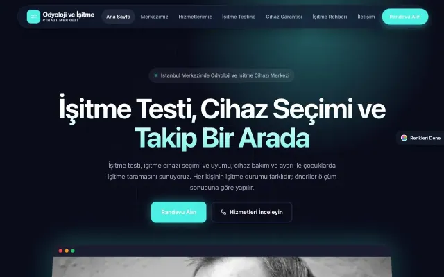 Odyoloji ve İşitme Cihazı Merkezi için Koyu Modern Lacivert Turkuaz – Odyoloji ve İşitme Cihazı Merkezi Web Sitesi ana sayfa görünümü