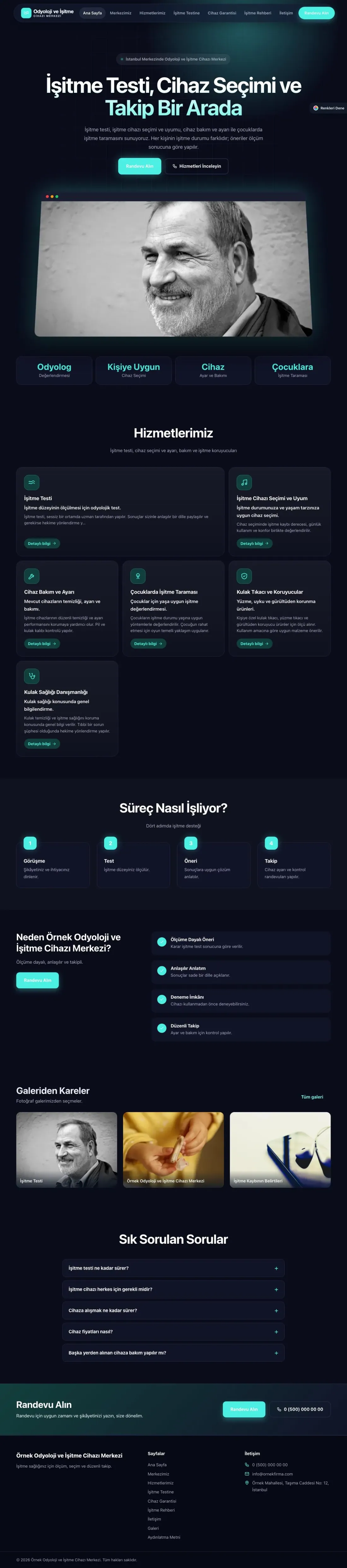 Odyoloji ve İşitme Cihazı Merkezi için Koyu Modern Lacivert Turkuaz – Odyoloji ve İşitme Cihazı Merkezi Web Sitesi ana sayfa görünümü