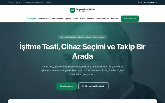 Odyoloji ve İşitme Cihazı Merkezi için Merkez Mavi Turkuaz – Odyoloji ve İşitme Cihazı Merkezi Web Sitesi ana sayfa görünümü