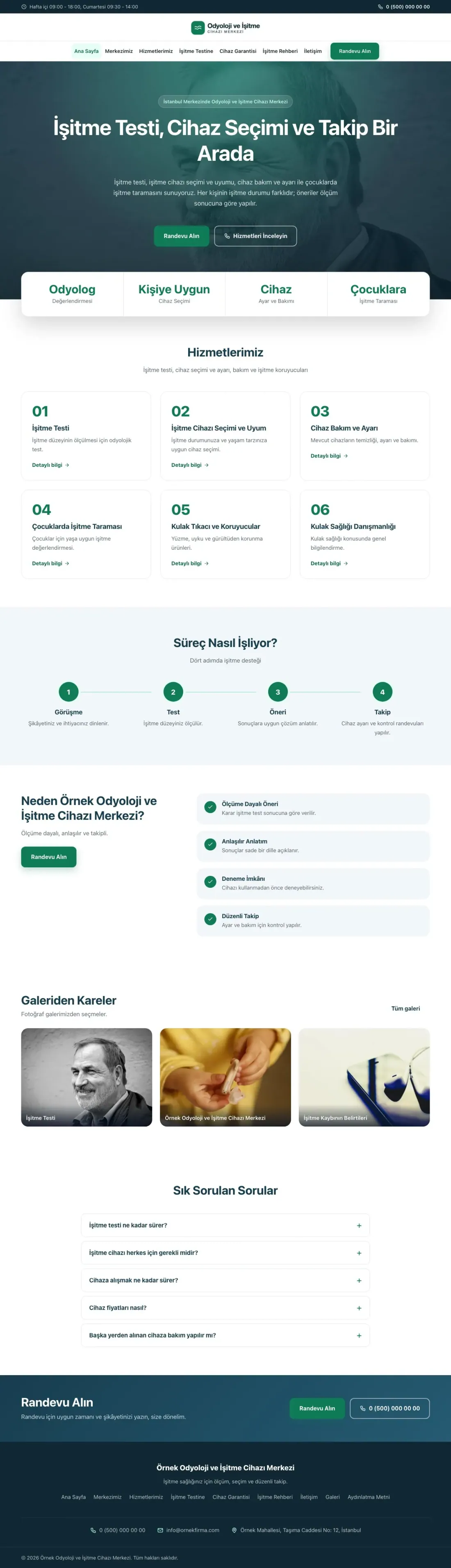 Odyoloji ve İşitme Cihazı Merkezi için Merkez Mavi Turkuaz – Odyoloji ve İşitme Cihazı Merkezi Web Sitesi ana sayfa görünümü