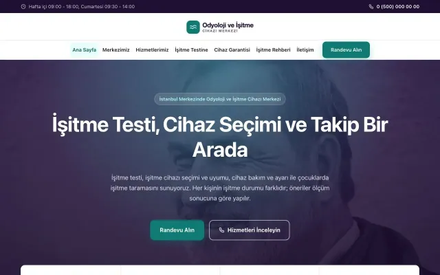 Odyoloji ve İşitme Cihazı Merkezi için Merkez Mor Turkuaz – Odyoloji ve İşitme Cihazı Merkezi Web Sitesi ana sayfa görünümü