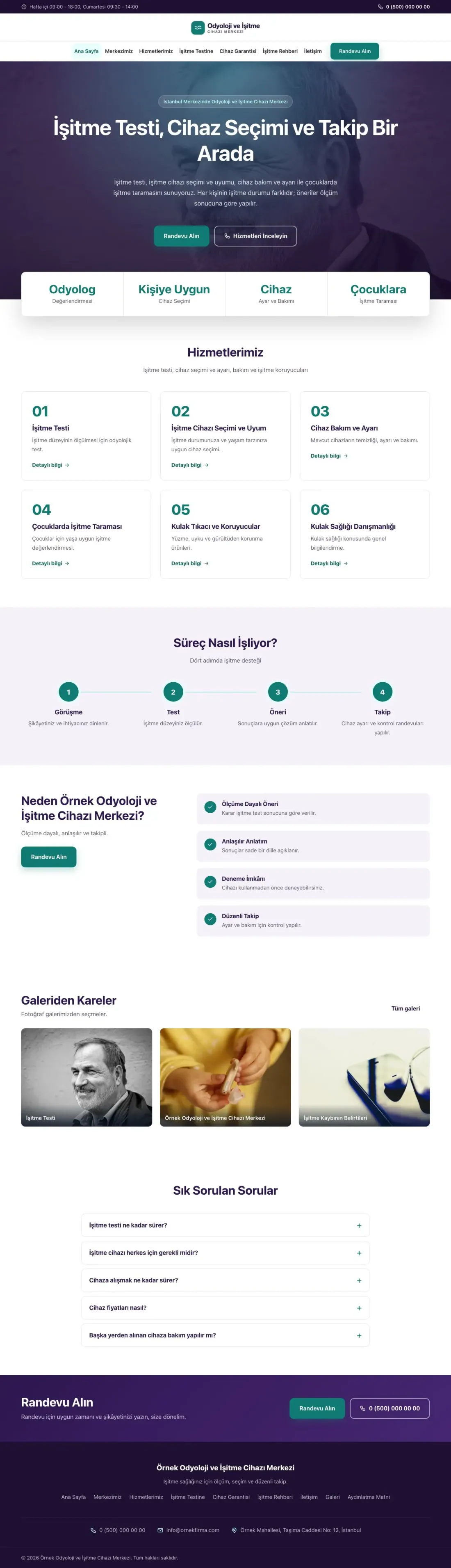 Odyoloji ve İşitme Cihazı Merkezi için Merkez Mor Turkuaz – Odyoloji ve İşitme Cihazı Merkezi Web Sitesi ana sayfa görünümü
