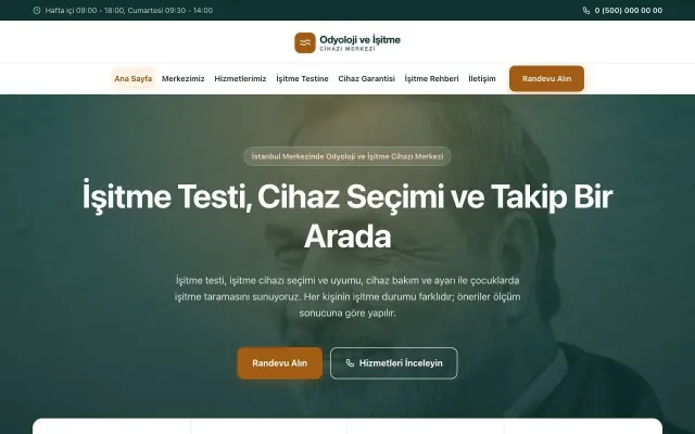 Odyoloji ve İşitme Cihazı Merkezi için Merkez Petrol Turuncu – Odyoloji ve İşitme Cihazı Merkezi Web Sitesi ana sayfa görünümü