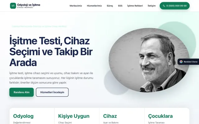 Odyoloji ve İşitme Cihazı Merkezi için Tek Sayfa Lacivert Turkuaz – Odyoloji ve İşitme Cihazı Merkezi Web Sitesi ana sayfa görünümü