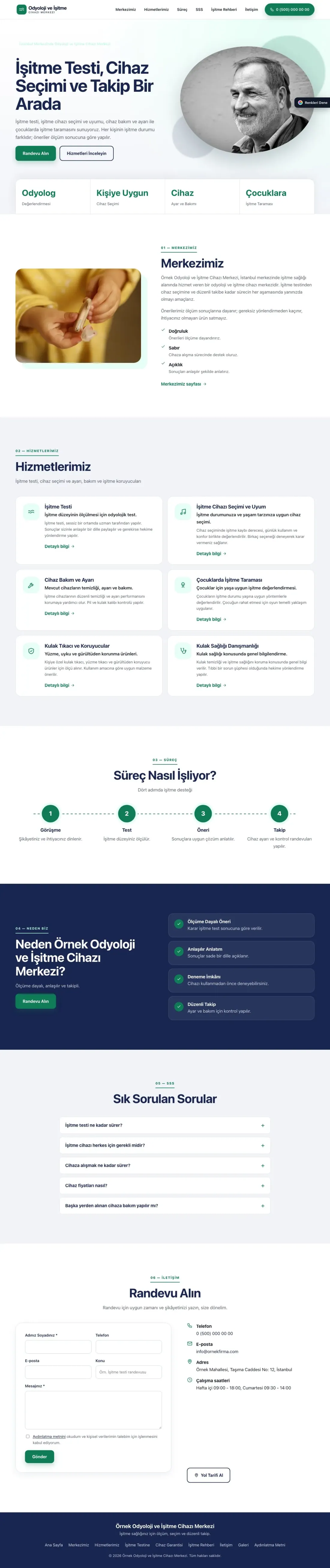 Odyoloji ve İşitme Cihazı Merkezi için Tek Sayfa Lacivert Turkuaz – Odyoloji ve İşitme Cihazı Merkezi Web Sitesi ana sayfa görünümü