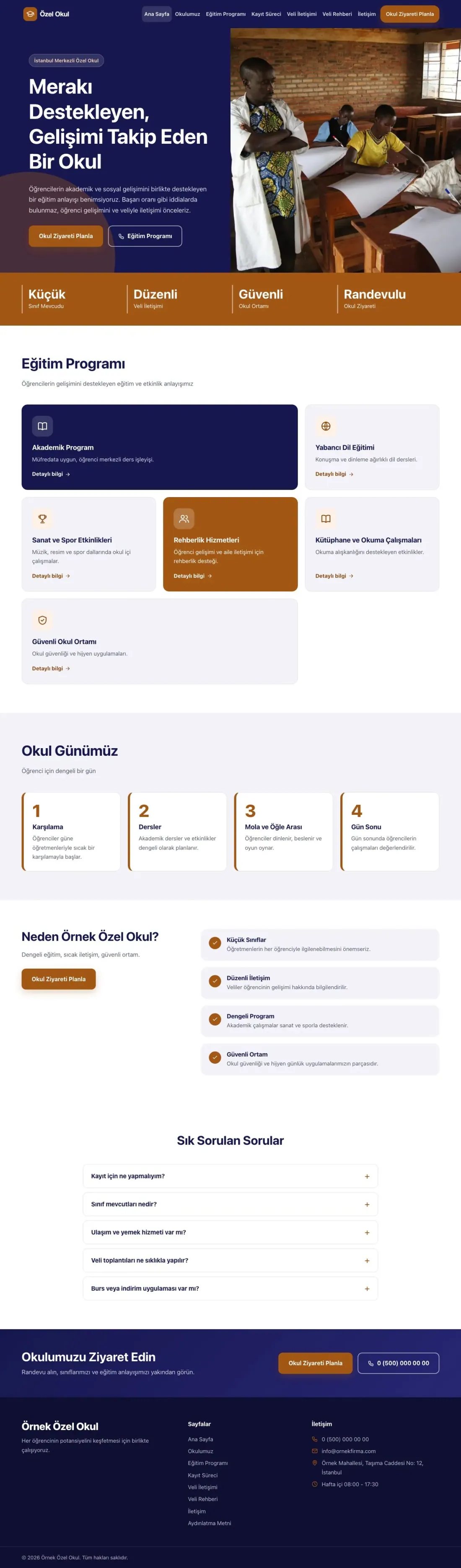 Blok Lacivert Turuncu – Okul Web Sitesi ana sayfa görünümü