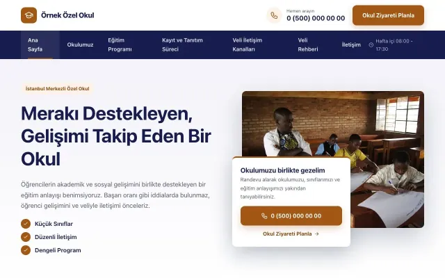 Okul için Bölünmüş Lacivert Turuncu – Okul Web Sitesi ana sayfa görünümü