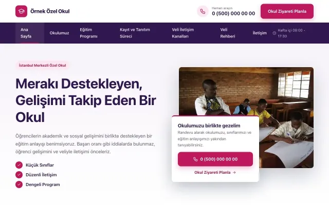 Okul için Bölünmüş Mor Pembe – Okul Web Sitesi ana sayfa görünümü