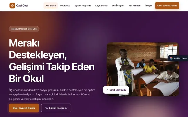 Okul için Hareketli Mor Turuncu – Okul Web Sitesi ana sayfa görünümü