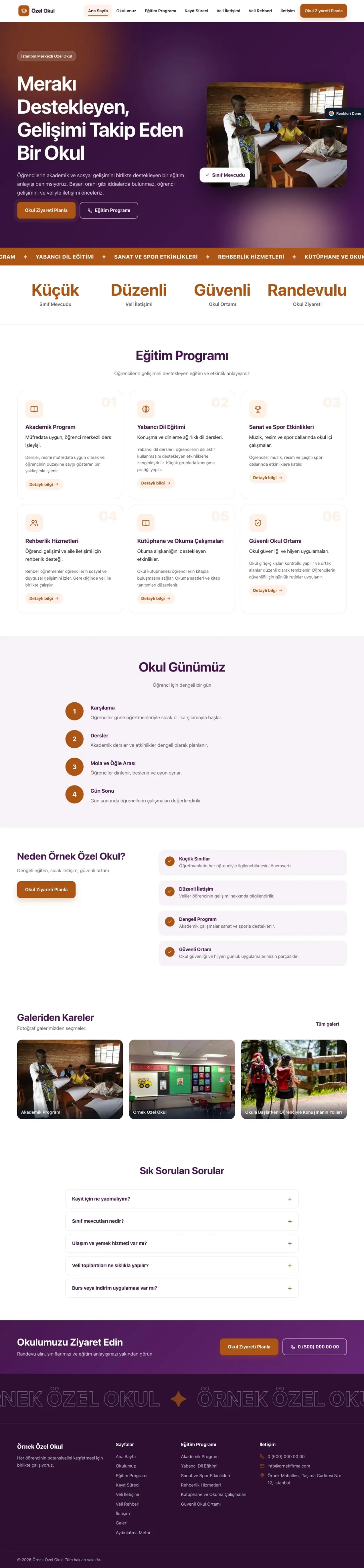 Okul için Hareketli Mor Turuncu – Okul Web Sitesi ana sayfa görünümü
