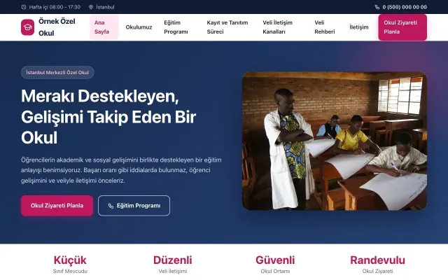 Okul için Klasik Mavi Pembe – Okul Web Sitesi ana sayfa görünümü