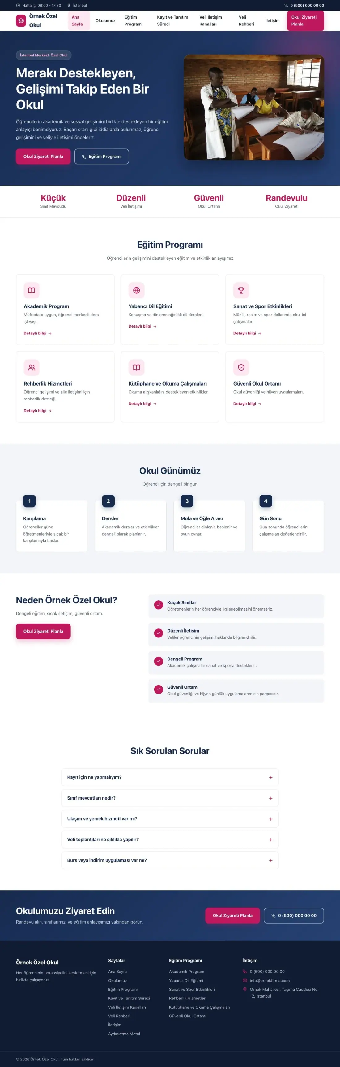Okul için Klasik Mavi Pembe – Okul Web Sitesi ana sayfa görünümü