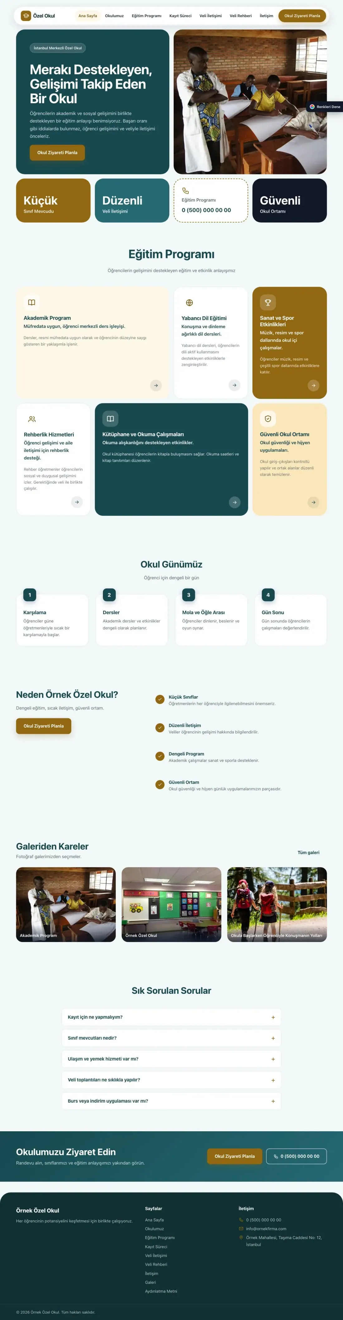 Okul için Mozaik Petrol Amber – Okul Web Sitesi ana sayfa görünümü