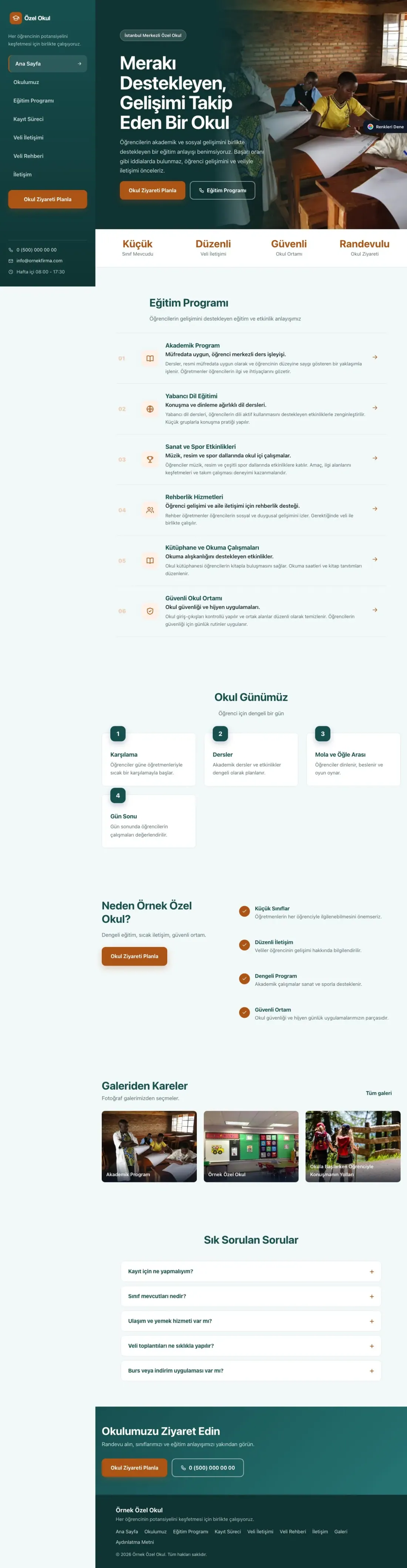Okul için Sol Menü Petrol Turuncu – Okul Web Sitesi ana sayfa görünümü
