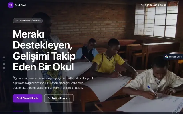 Okul için Tam Ekran Petrol Mor – Okul Web Sitesi ana sayfa görünümü