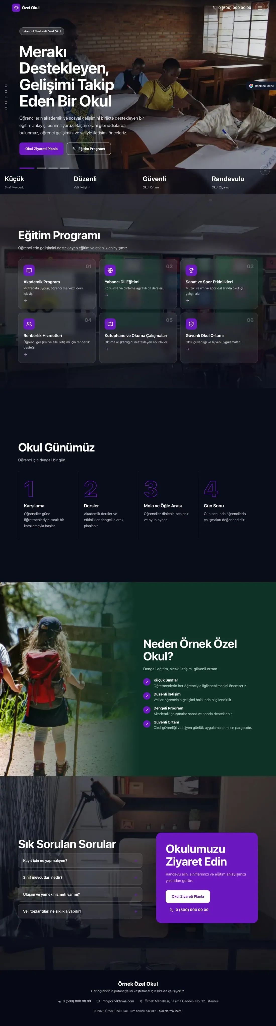 Okul için Tam Ekran Petrol Mor – Okul Web Sitesi ana sayfa görünümü